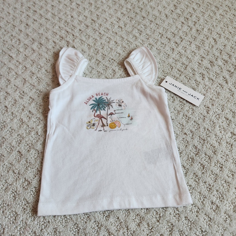 Janie and Jack Aloha Beach Flamingo Ruffle Tank Top White size 6-12 Months‎ NWT